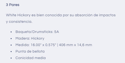 Baquetas 5A White Dip Hickory