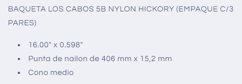 BAQUETA LOS CABOS 5B NYLON HICKORY (EMPAQUE C/3 PARES