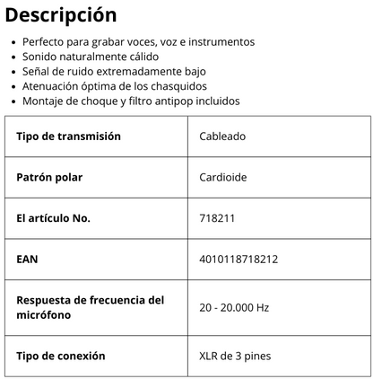 MM1 Micrófono para medición de condensador (omnidireccional)